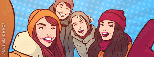 Young People Take Selfie Photo Over Colorful Retro Style Background Mix Race Men And Women Group Happy Smiling Make Self Portrait Vector Illustration