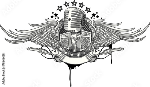 Retro microphone and amplifiers winged emblem photo