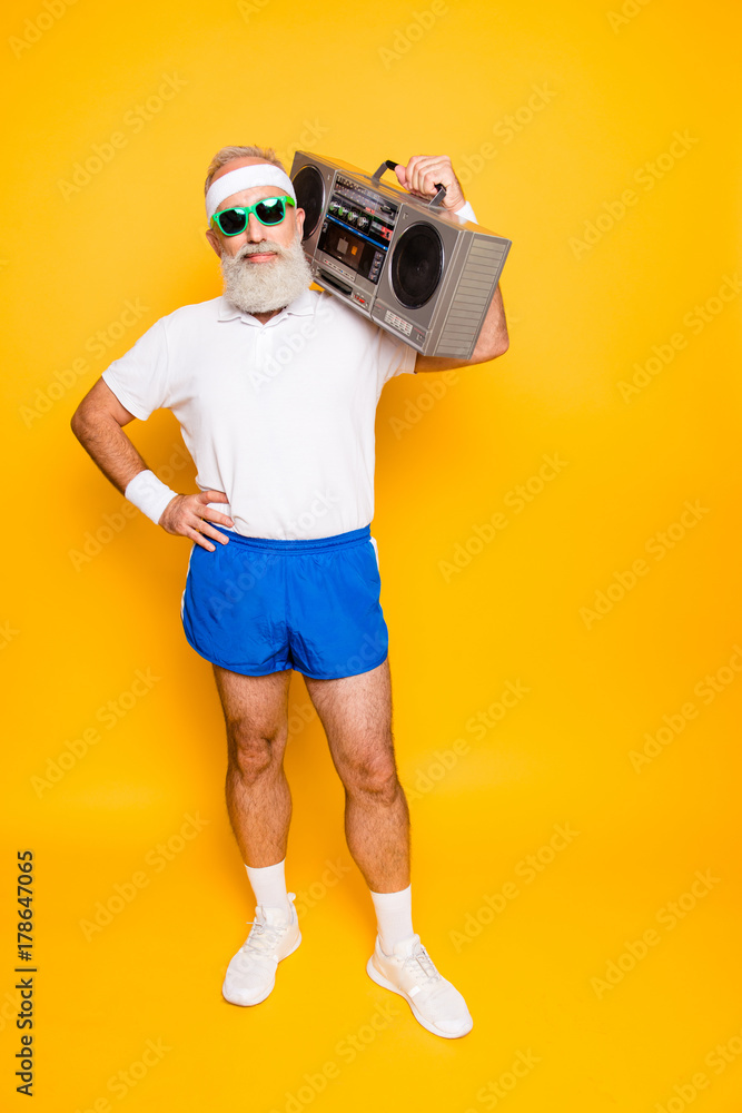 Crazy aged funny active sexy athlete pensioner grandpa in eyewear with bass  clipping ghetto blaster recorder. Old school, swag, fooling around, gym,  workout, technology, groove Stock Photo | Adobe Stock