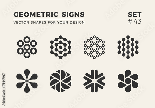 Set of eight minimalistic trendy shapes. Stylish vector logo emblems for Your design. Simple creative geometric signs collection.