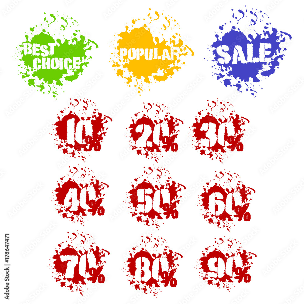Grunge dozens sale percents with splashes icon set. Decades of numbers in spatters from 10 to 90 percent, also best choice, popular and sale lettering as bonus. Isolated on white. Vector illustration Grunge dozens sale percents with splashes icon set. Decades of numbers in spatters from 10 to 90 percent, also best choice, popular and sale lettering as bonus. Isolated on white. Vector illustration