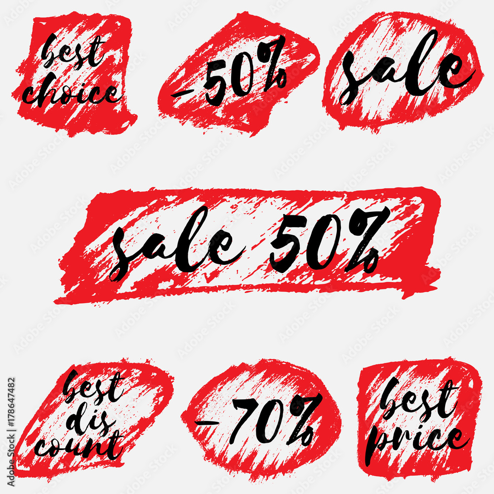 Sale grunge stickers set isolated on white. Lettering and
