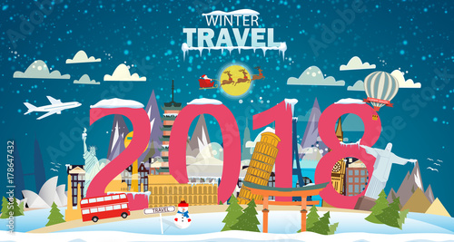 Winter travel 2018. Travel to World. Vacation. Road trip. Tourism. Journey. Travelling illustration. Merry Christmas banners in flat style. EPS 10. Colorful.