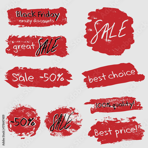 Sale grunge stickers set with red smears. Lettering and calligraphic design elements imitating writing by hand and brush strokes in grey, red and black. Black friday. Vector illustration