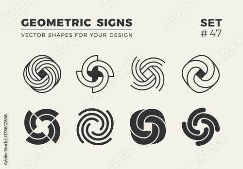Set of eight minimalistic trendy shapes. Stylish vector logo emblems for Your design. Simple creative geometric signs collection.