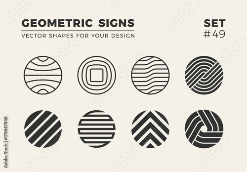 Set of eight minimalistic trendy shapes. Stylish vector logo emblems for Your design. Simple creative geometric signs collection.