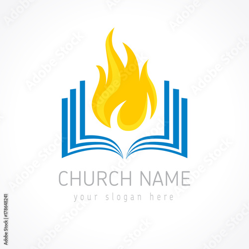 Educational vector logotype. Fiery flaming book logo. Open pages with flames. Learning, teaching or religious pentecost branding identity. Knowledge is power, IQ template. E-book, e-reader i.q. idea.