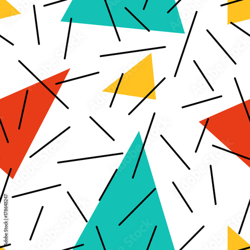 Black and white geometric memphis pattern with irregular lines and bright color triangles. 80s and 90s graphic design style. Vector seamless background.