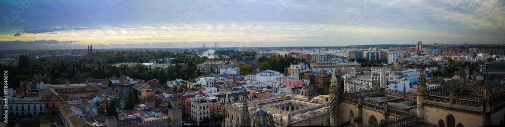 Panoramic aerial cityscape of Seville city from Cathedral in Spain
