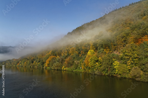 morning fog over the river Neckar in autumn