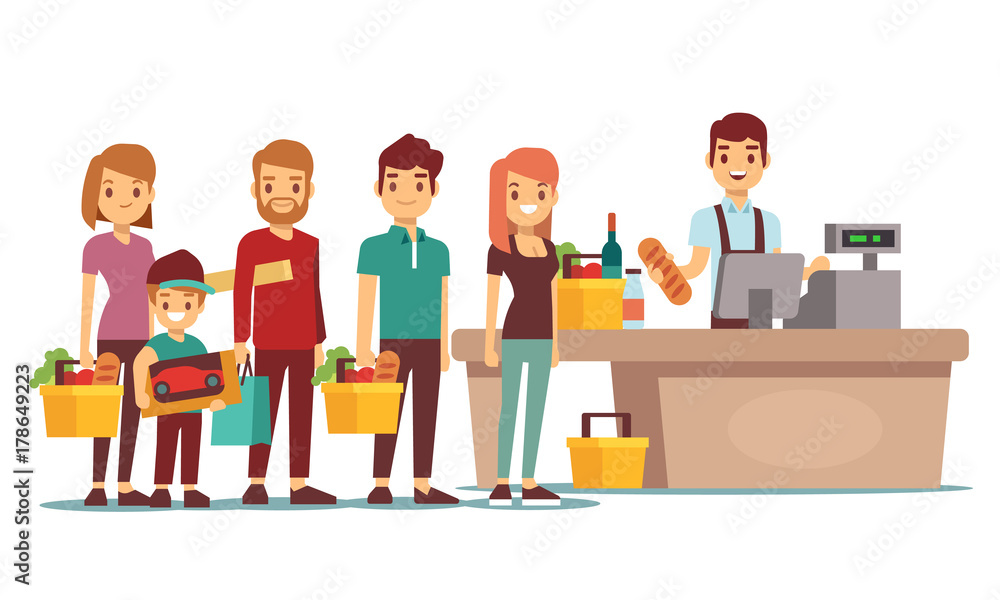 Customers people queue at cash desk with cashier in supermarket. Shopping vector concept Customers people queue at cash desk with cashier in supermarket. Shopping vector concept
