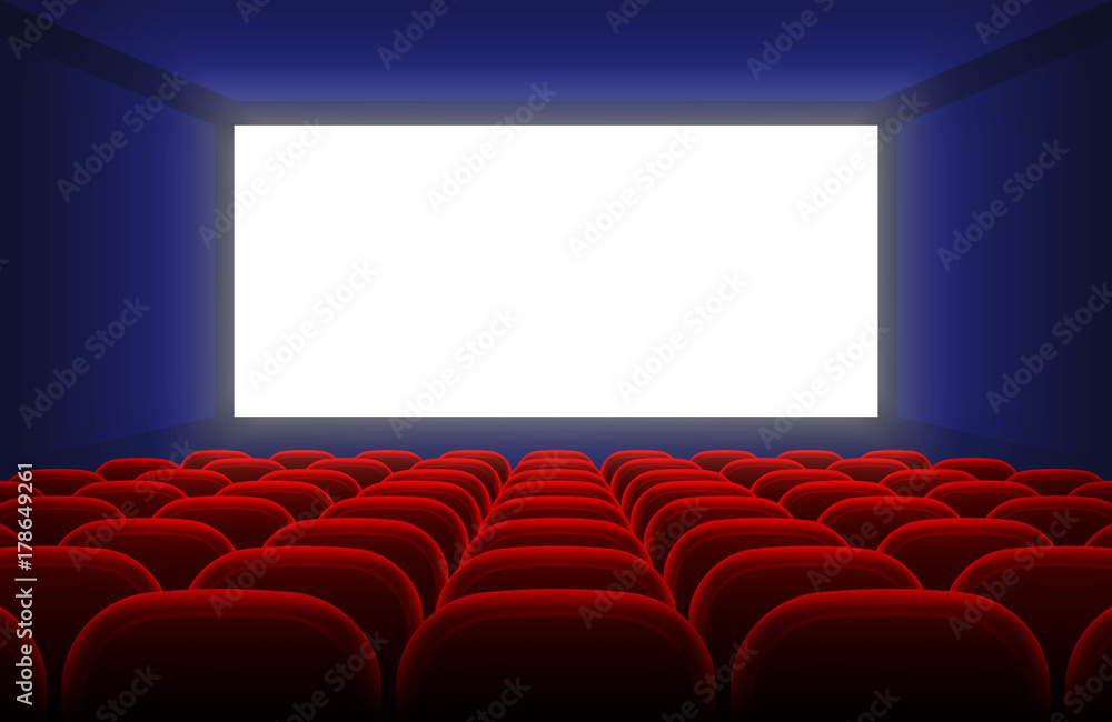 Realistic cinema hall interior with blank white screen and red seats vector illustration