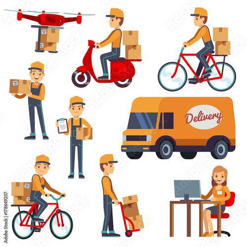 Cute cartoon courier vector characters with delivery box. Delivery by drone, scooter, bicycle photo