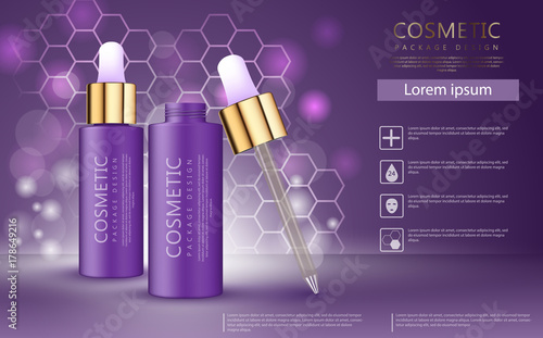 Realistic 3d cosmetic design template. Aroma oil ads template, essence bottle 
