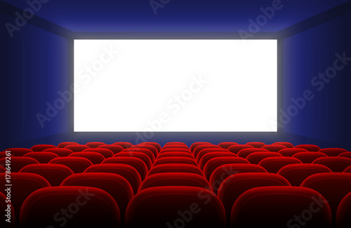 Realistic cinema hall interior with blank white screen and red seats vector illustration