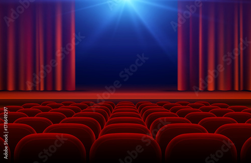 Cinema or theater hall with stage, red curtain and seats vector illustration