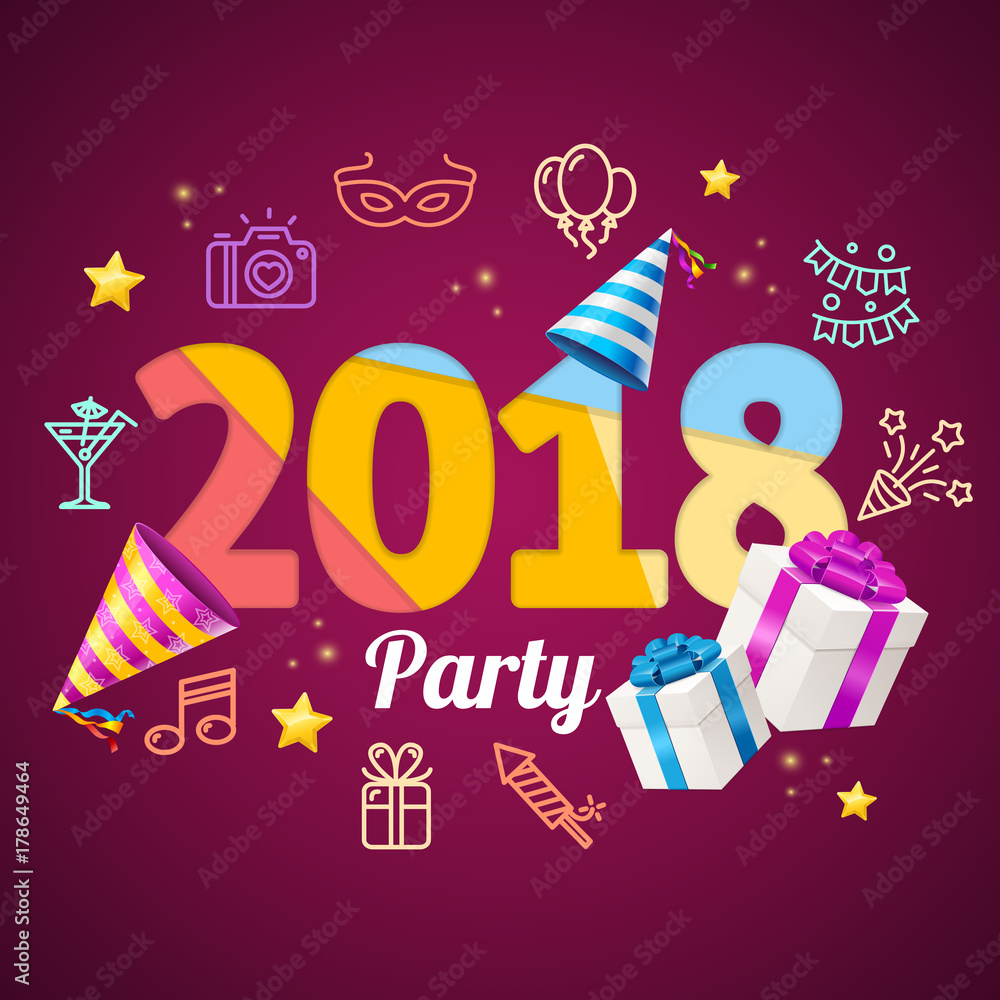 2018 Party New Year Greeting Card Poster. Vector