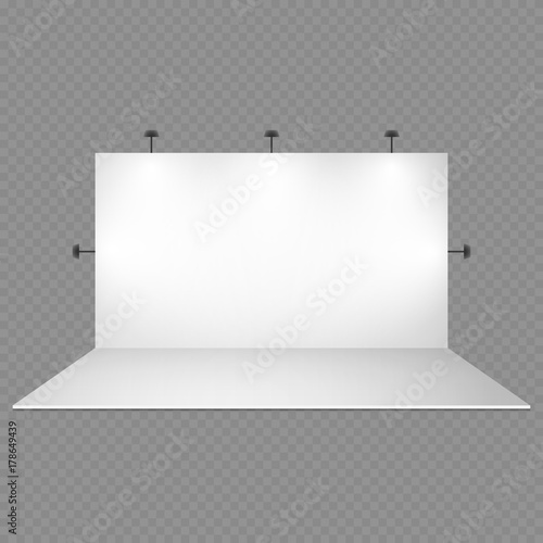 Blank white trade show booth with lighting isolated on transparent background