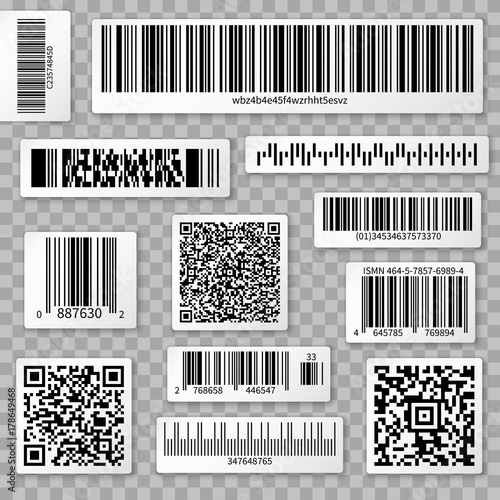 QR codes, bar and packaging labels isolated on transparent background