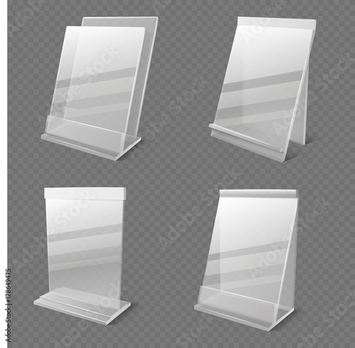 Realistic business information transparent plexiglass empty holders isolated vector