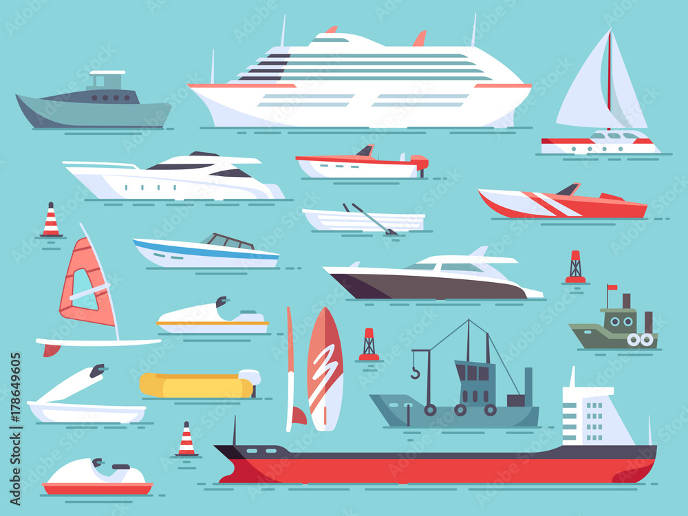 Obraz premium Big set of sea boats and little fishing ships. Sailboats flat vector icons