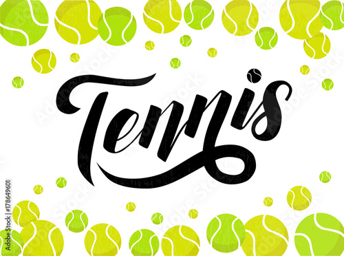 Hand drawn Tennis lettering text with tennis balls on white background, vector illustration. Tennis calligraphy. Sport, fitness, activity vector design. Print for logo, T-shirt and caps.