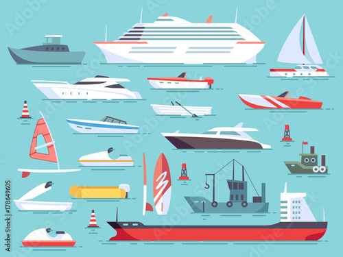 Big set of sea boats and little fishing ships. Sailboats flat vector icons