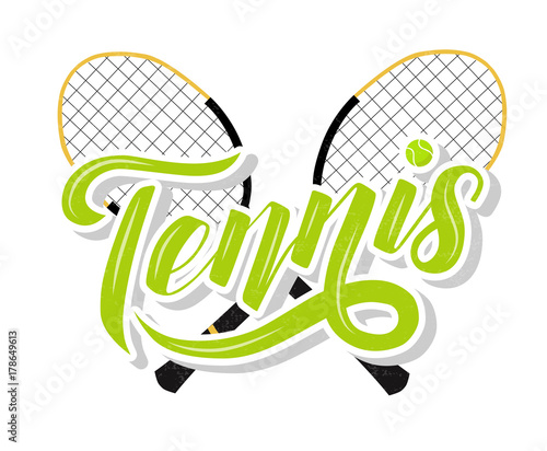 Hand drawn Tennis lettering text with tennis racets and ball on white background, vector illustration. Tennis calligraphy. Sport, fitness, activity vector design. Print for logo, T-shirt and caps.