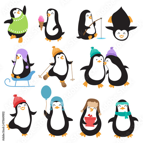 Funny christmas penguins vector characters
