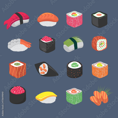 Cartoon sushi rolls japanese cuisine seafood vector set