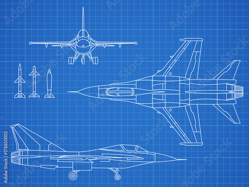 Military jet aircraft drawing vector blueprint design