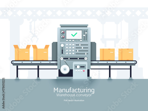 Manufacturing warehouse conveyor. Assembly production line flat vector industrial concept