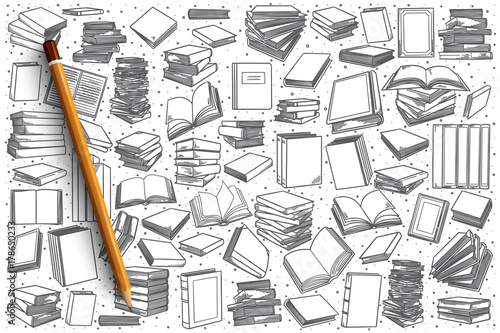 Hand drawn bookstore vector doodle set background