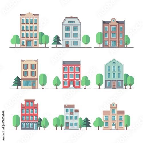 Retro city houses. Vintage apartment buildings vector set