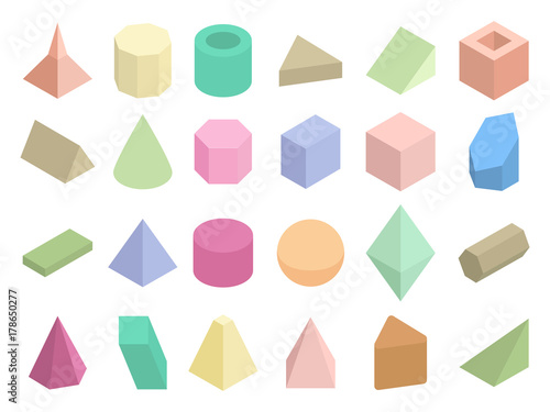 Isometric 3d geometric color shapes vector set
