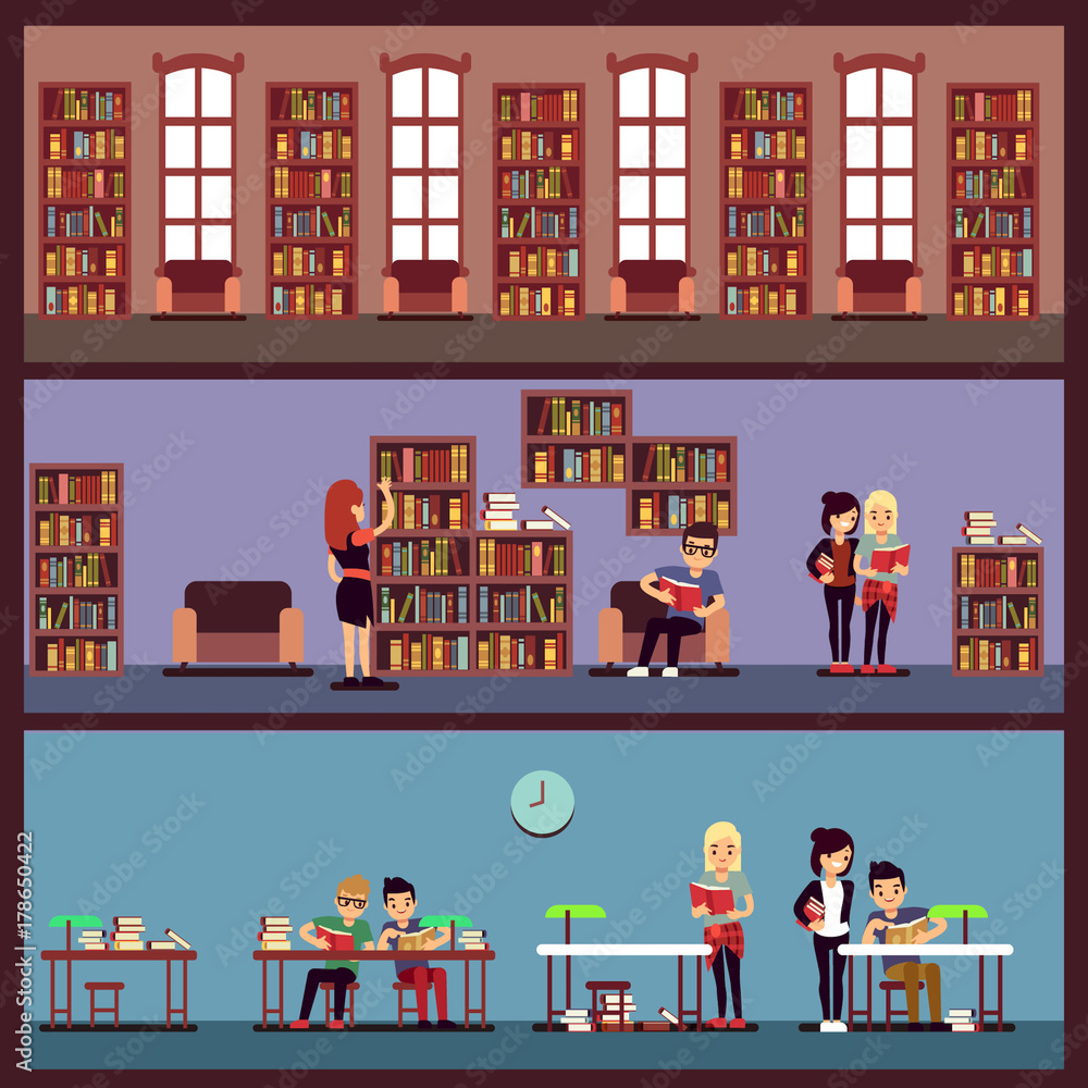 Public library banners concept with different students reading books