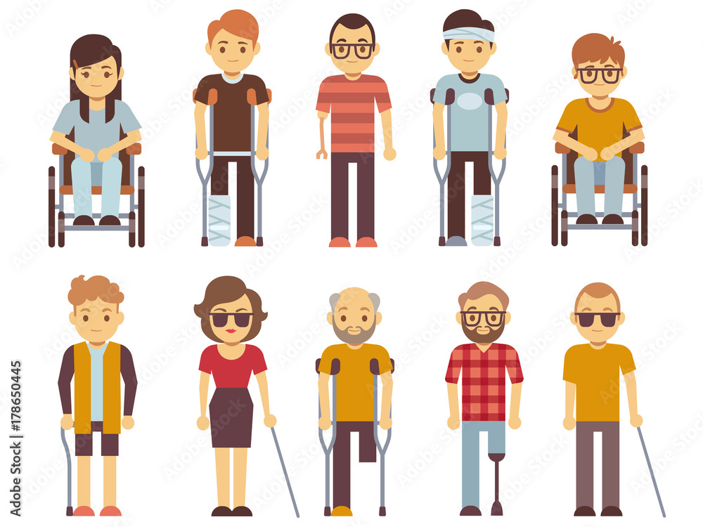 Disabled people vector set. old and young invalid persons isolated on white background