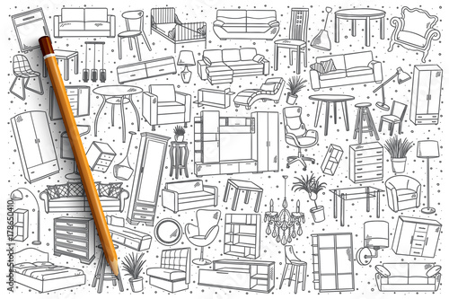 Hand drawn furniture vector doodle set background