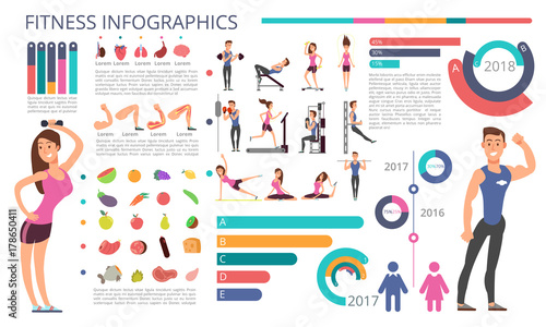 Physical activity, fitness and healthy lifestyle vector infographic