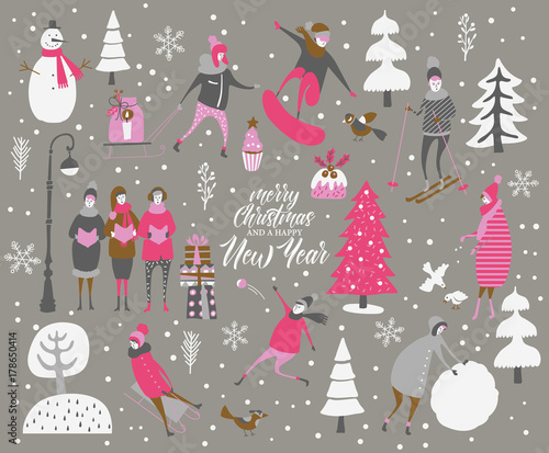 Merry Christmas and happy New year vector greeting card with winter games and people. Celebration template with playing cute people in vintage style.