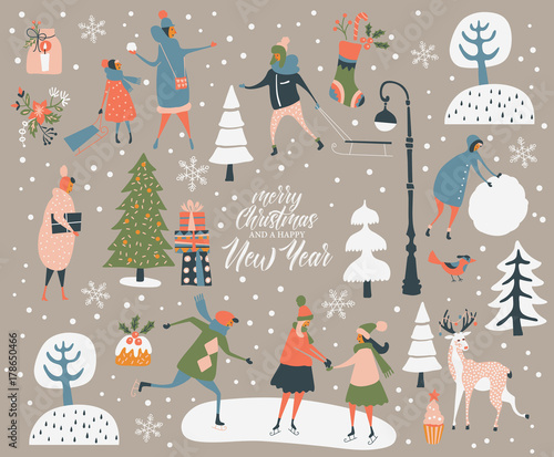 Merry Christmas and happy New year vector greeting card with winter games and people. Celebration template with playing cute people in vintage style.