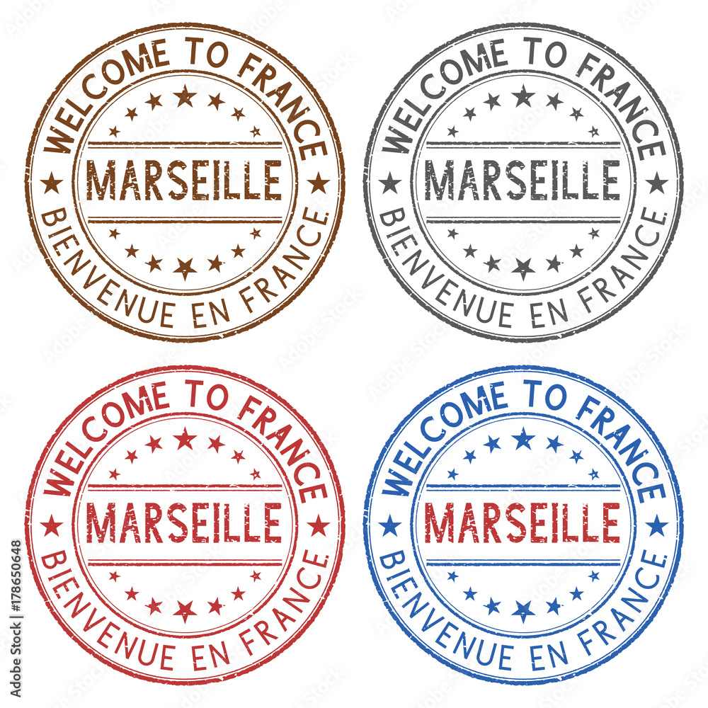Welcome to Marseille, France. Colored ink stamps