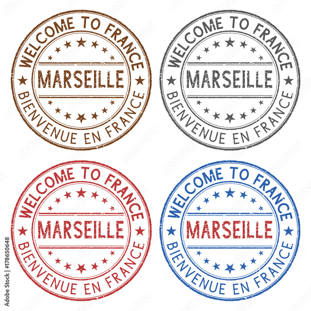 Welcome to Marseille, France. Colored ink stamps Welcome to Marseille, France. Colored ink stamps