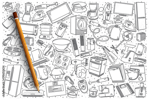 Hand drawn home appliances vector doodle set background