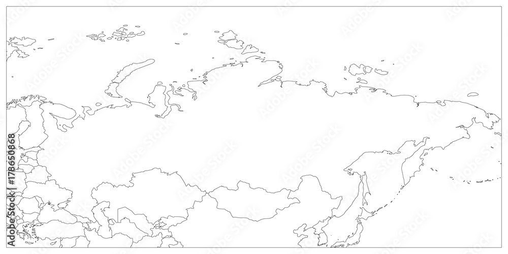 Political map of Russia and surrounding countries. Black thin outline on white background. Vector illustration.
