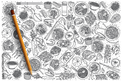 Hand drawn Korean food vector doodle set background
