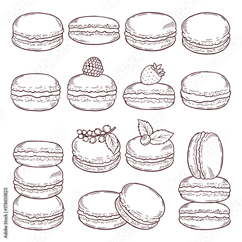 Hand drawn illustrations of paris cuisine. Delicious macaroons with different tastes