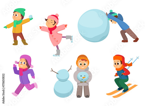 Kids playing in winter games. Different childrens in action poses