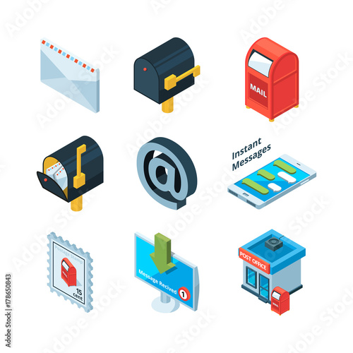 Diffrent postal symbols. Isometric pictures of mailbox, latters and email sign