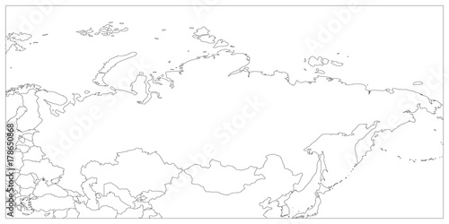 Political map of Russia and surrounding countries. Black thin outline on white background. Vector illustration.